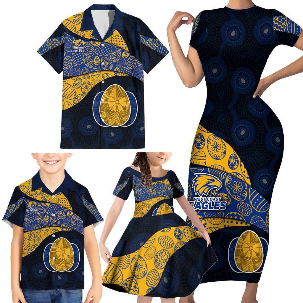 Personalized West Coast Eagles Football Family Matching Short Sleeve Bodycon Dress and Hawaiian Shirt Easter Egg Pattern Blue Gold Tribal Dot Art Style