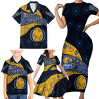 Personalized West Coast Eagles Football Family Matching Short Sleeve Bodycon Dress and Hawaiian Shirt Easter Egg Pattern Blue Gold Tribal Dot Art Style