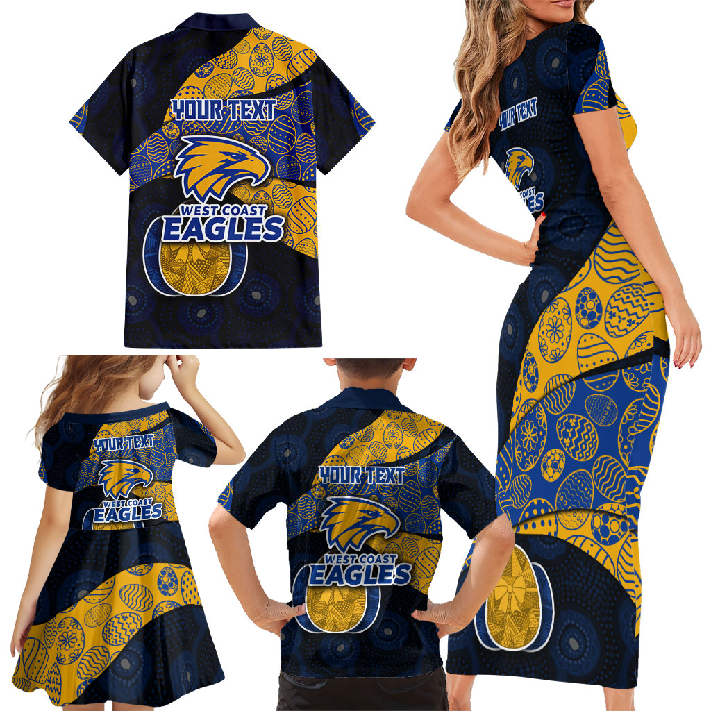 Personalized West Coast Eagles Football Family Matching Short Sleeve Bodycon Dress and Hawaiian Shirt Easter Egg Pattern Blue Gold Tribal Dot Art Style