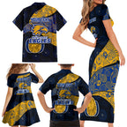 Personalized West Coast Eagles Football Family Matching Short Sleeve Bodycon Dress and Hawaiian Shirt Easter Egg Pattern Blue Gold Tribal Dot Art Style