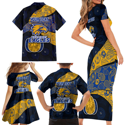 Personalized West Coast Eagles Football Family Matching Short Sleeve Bodycon Dress and Hawaiian Shirt Easter Egg Pattern Blue Gold Tribal Dot Art Style