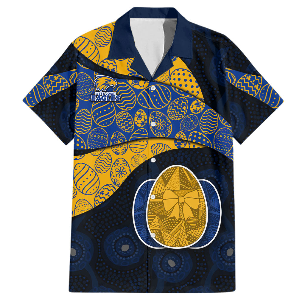 Personalized West Coast Eagles Football Family Matching Short Sleeve Bodycon Dress and Hawaiian Shirt Easter Egg Pattern Blue Gold Tribal Dot Art Style