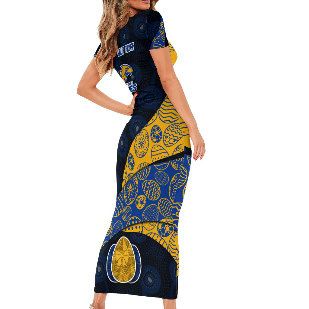 Personalized West Coast Eagles Football Family Matching Short Sleeve Bodycon Dress and Hawaiian Shirt Easter Egg Pattern Blue Gold Tribal Dot Art Style