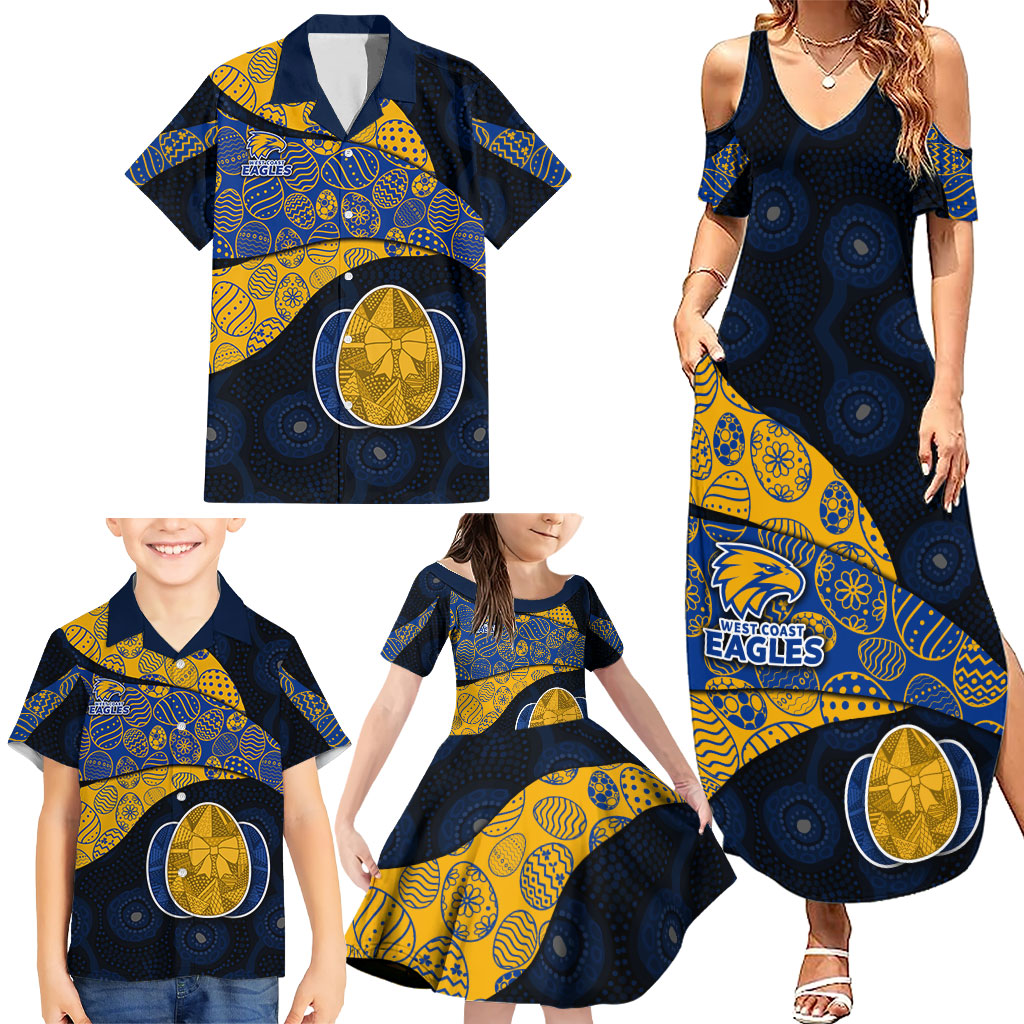 Personalized West Coast Eagles Football Family Matching Summer Maxi Dress and Hawaiian Shirt Easter Egg Pattern Blue Gold Tribal Dot Art Style