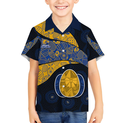 Personalized West Coast Eagles Football Family Matching Summer Maxi Dress and Hawaiian Shirt Easter Egg Pattern Blue Gold Tribal Dot Art Style