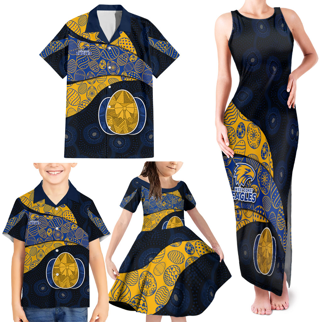 Personalized West Coast Eagles Football Family Matching Tank Maxi Dress and Hawaiian Shirt Easter Egg Pattern Blue Gold Tribal Dot Art Style