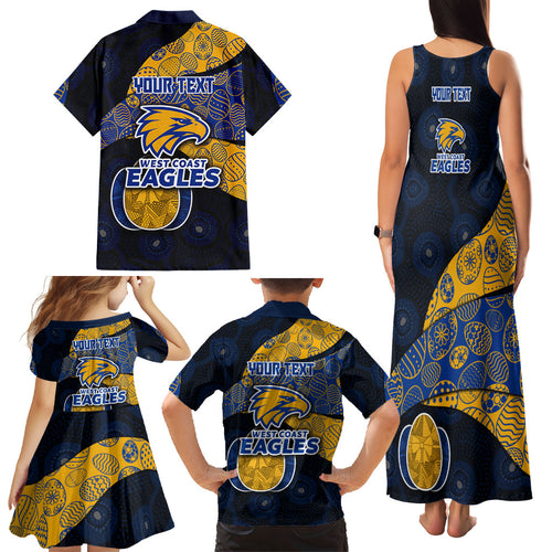 Personalized West Coast Eagles Football Family Matching Tank Maxi Dress and Hawaiian Shirt Easter Egg Pattern Blue Gold Tribal Dot Art Style