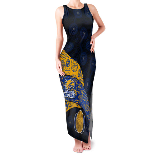 Personalized West Coast Eagles Football Family Matching Tank Maxi Dress and Hawaiian Shirt Easter Egg Pattern Blue Gold Tribal Dot Art Style
