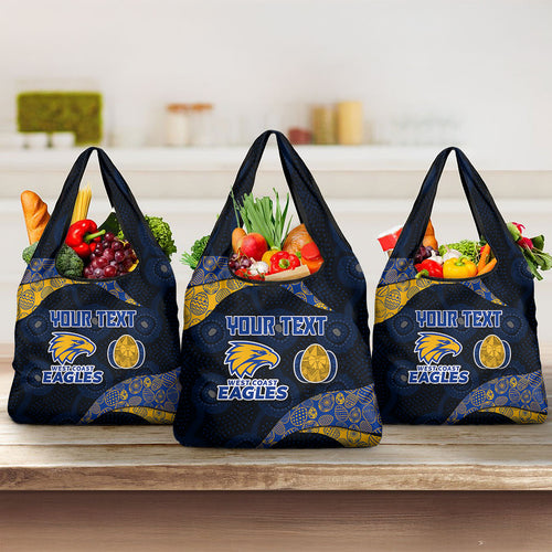Personalized West Coast Eagles Football Grocery Bag Easter Egg Pattern Blue Gold Tribal Dot Art Style
