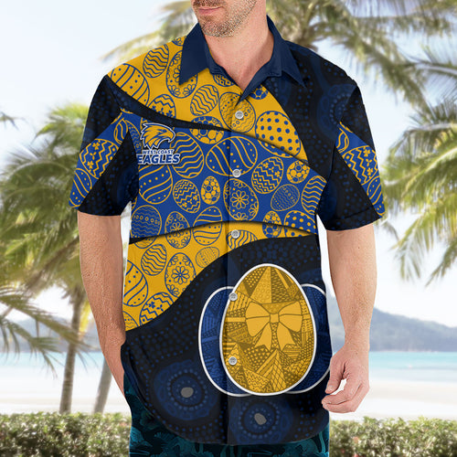 Personalized West Coast Eagles Football Hawaiian Shirt Easter Egg Pattern Blue Gold Tribal Dot Art Style