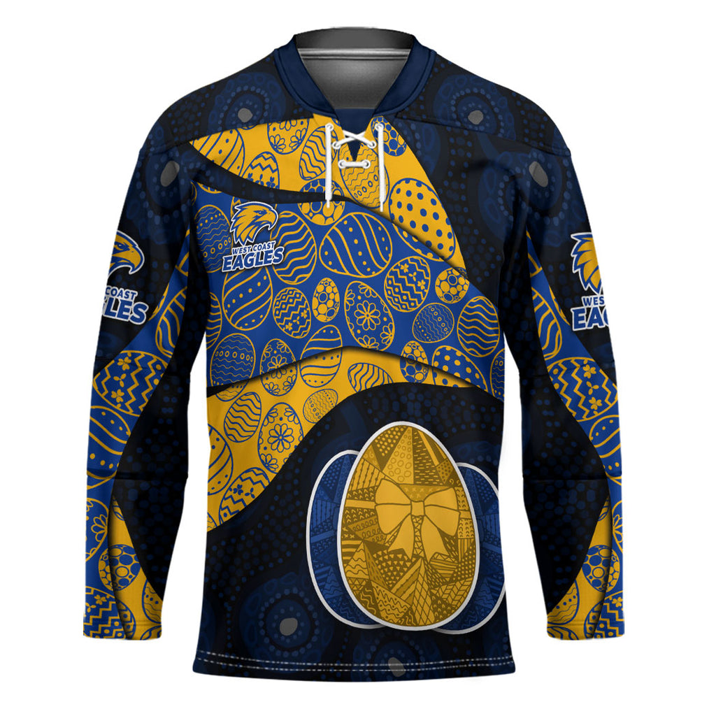 Personalized West Coast Eagles Football Hockey Jersey Easter Egg Pattern Blue Gold Tribal Dot Art Style