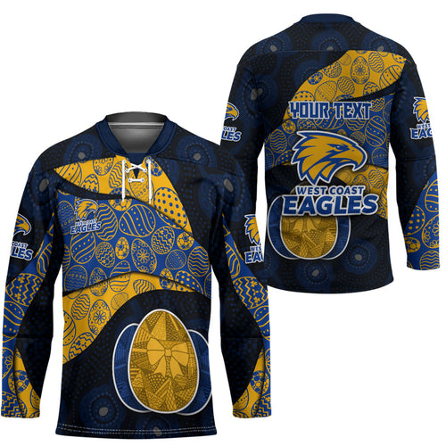 Personalized West Coast Eagles Football Hockey Jersey Easter Egg Pattern Blue Gold Tribal Dot Art Style