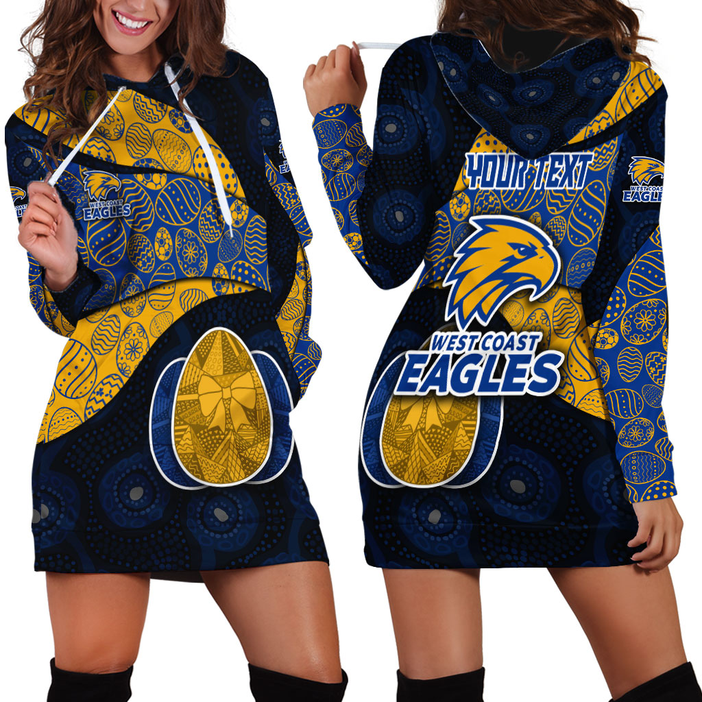 Personalized West Coast Eagles Football Hoodie Dress Easter Egg Pattern Blue Gold Tribal Dot Art Style