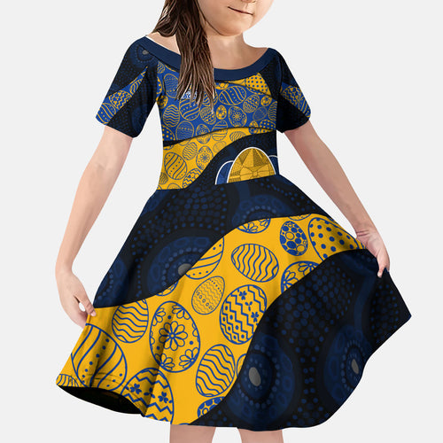 Personalized West Coast Eagles Football Kid Short Sleeve Dress Easter Egg Pattern Blue Gold Tribal Dot Art Style
