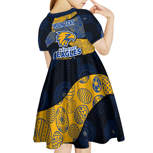 Personalized West Coast Eagles Football Kid Short Sleeve Dress Easter Egg Pattern Blue Gold Tribal Dot Art Style