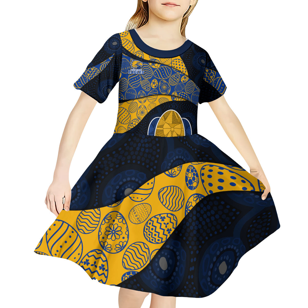Personalized West Coast Eagles Football Kid Short Sleeve Dress Easter Egg Pattern Blue Gold Tribal Dot Art Style