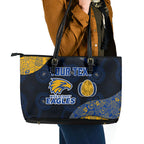 Personalized West Coast Eagles Football Leather Tote Bag Easter Egg Pattern Blue Gold Tribal Dot Art Style