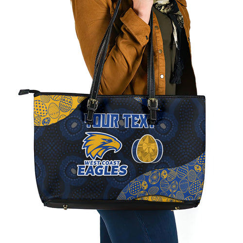 Personalized West Coast Eagles Football Leather Tote Bag Easter Egg Pattern Blue Gold Tribal Dot Art Style