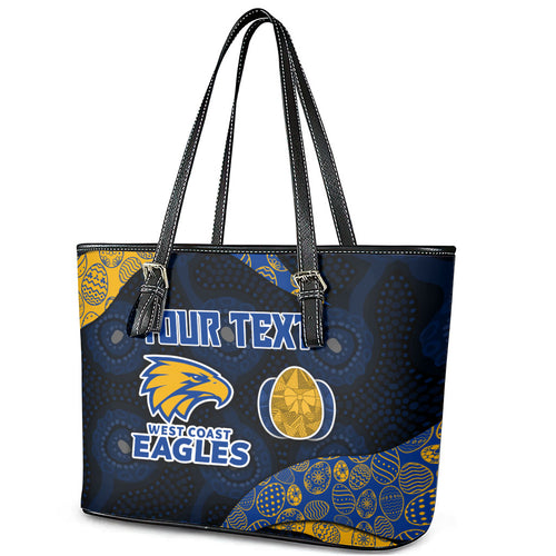 Personalized West Coast Eagles Football Leather Tote Bag Easter Egg Pattern Blue Gold Tribal Dot Art Style