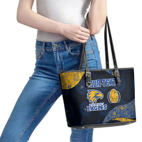 Personalized West Coast Eagles Football Leather Tote Bag Easter Egg Pattern Blue Gold Tribal Dot Art Style