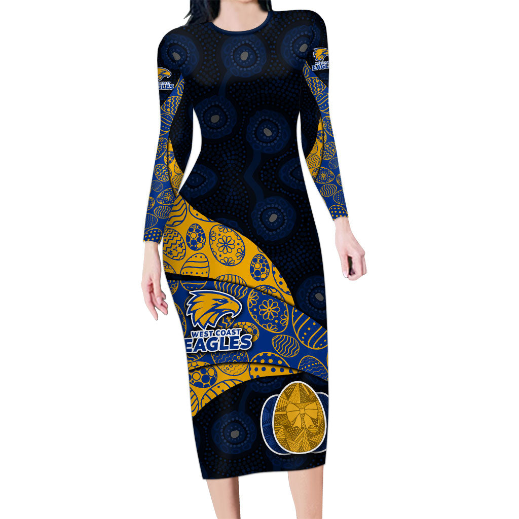 Personalized West Coast Eagles Football Long Sleeve Bodycon Dress Easter Egg Pattern Blue Gold Tribal Dot Art Style