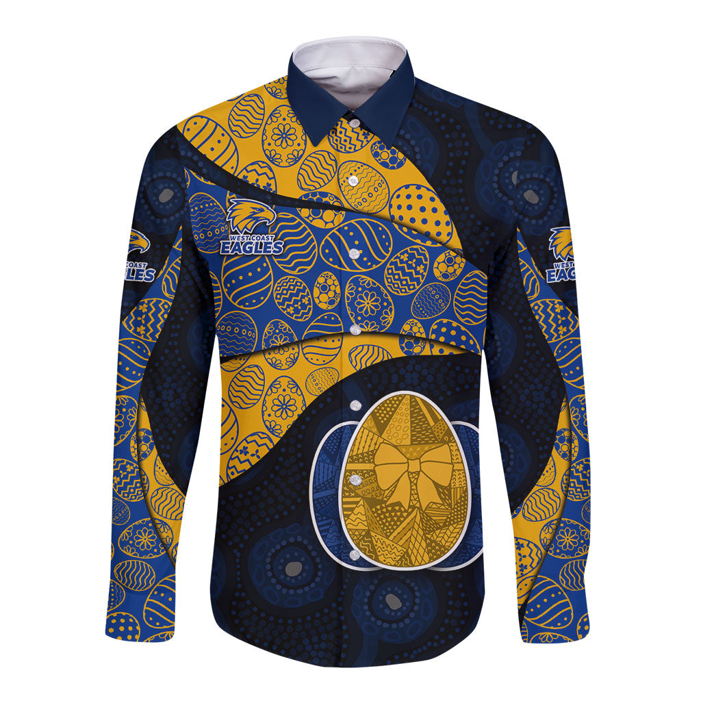 Personalized West Coast Eagles Football Long Sleeve Button Shirt Easter Egg Pattern Blue Gold Tribal Dot Art Style