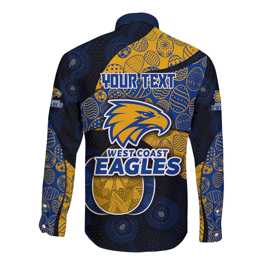 Personalized West Coast Eagles Football Long Sleeve Button Shirt Easter Egg Pattern Blue Gold Tribal Dot Art Style