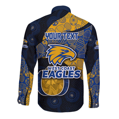 Personalized West Coast Eagles Football Long Sleeve Button Shirt Easter Egg Pattern Blue Gold Tribal Dot Art Style