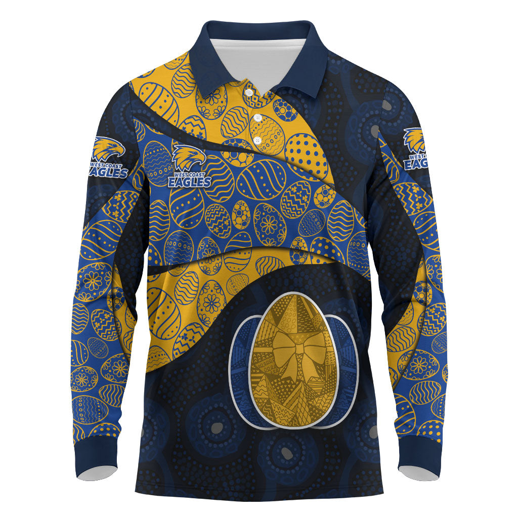 Personalized West Coast Eagles Football Long Sleeve Polo Shirt Easter Egg Pattern Blue Gold Tribal Dot Art Style
