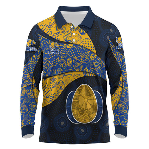 Personalized West Coast Eagles Football Long Sleeve Polo Shirt Easter Egg Pattern Blue Gold Tribal Dot Art Style