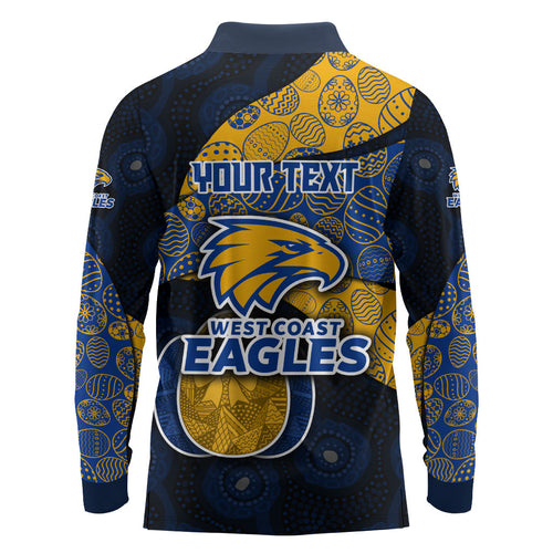 Personalized West Coast Eagles Football Long Sleeve Polo Shirt Easter Egg Pattern Blue Gold Tribal Dot Art Style