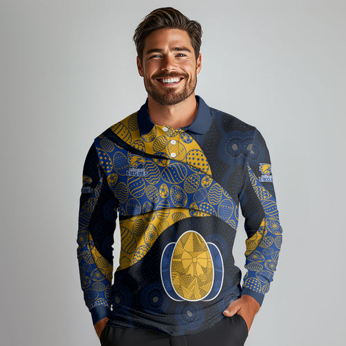 Personalized West Coast Eagles Football Long Sleeve Polo Shirt Easter Egg Pattern Blue Gold Tribal Dot Art Style