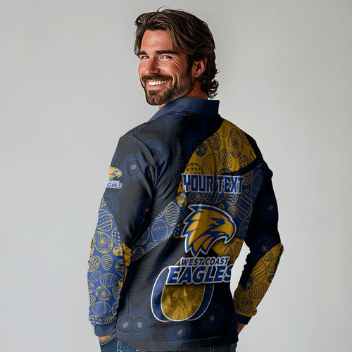 Personalized West Coast Eagles Football Long Sleeve Polo Shirt Easter Egg Pattern Blue Gold Tribal Dot Art Style
