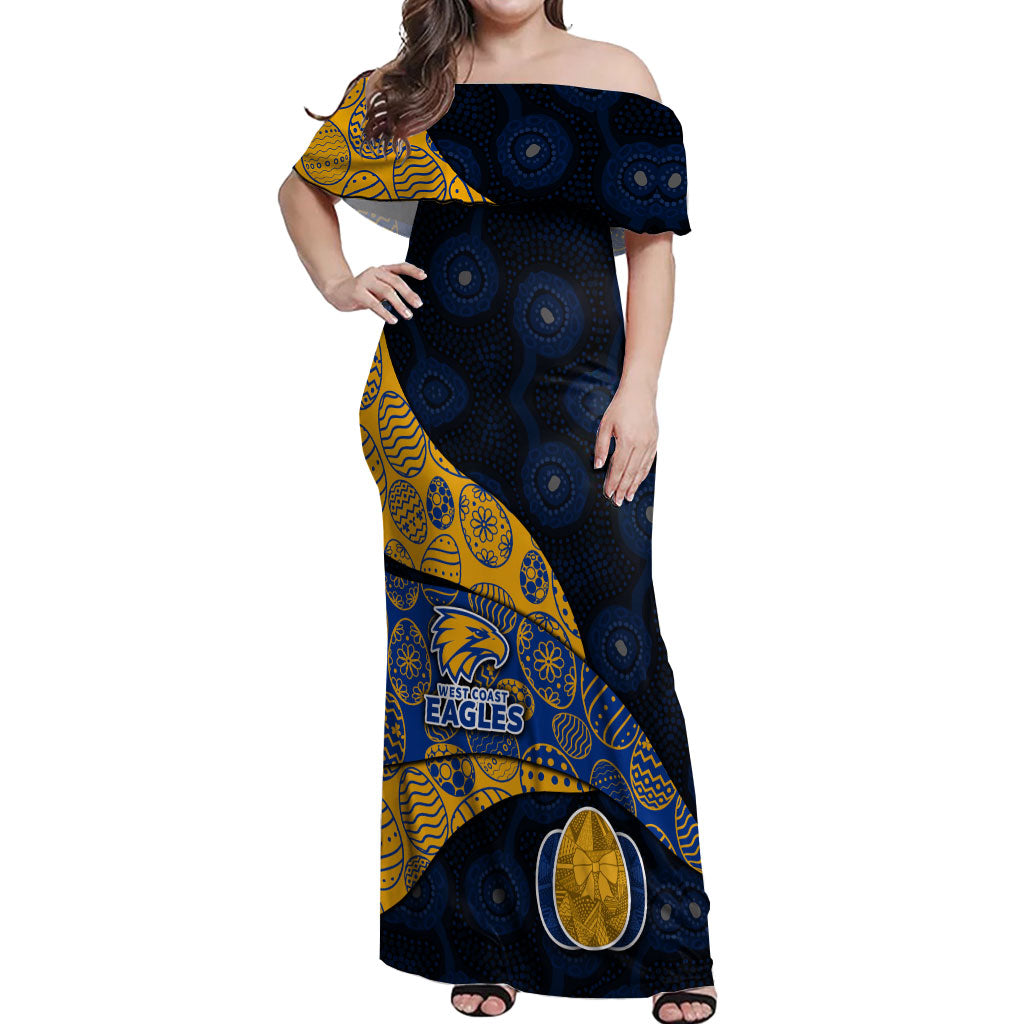 Personalized West Coast Eagles Football Off Shoulder Maxi Dress Easter Egg Pattern Blue Gold Tribal Dot Art Style