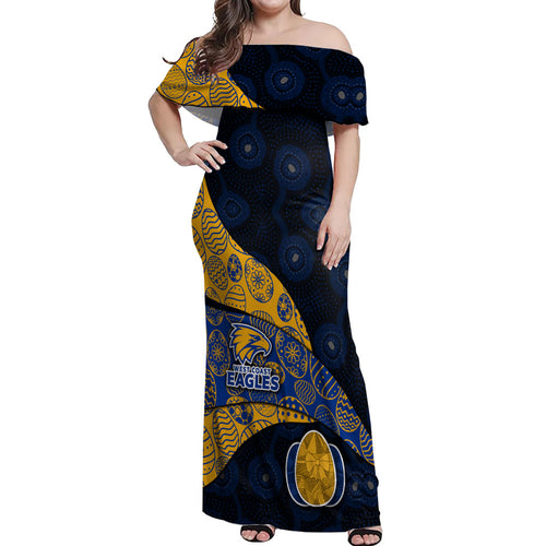 Personalized West Coast Eagles Football Off Shoulder Maxi Dress Easter Egg Pattern Blue Gold Tribal Dot Art Style