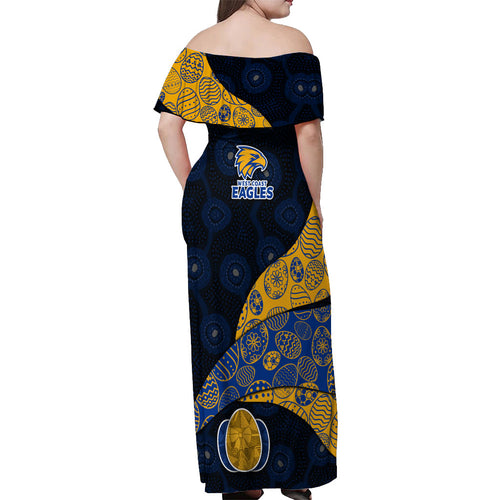 Personalized West Coast Eagles Football Off Shoulder Maxi Dress Easter Egg Pattern Blue Gold Tribal Dot Art Style