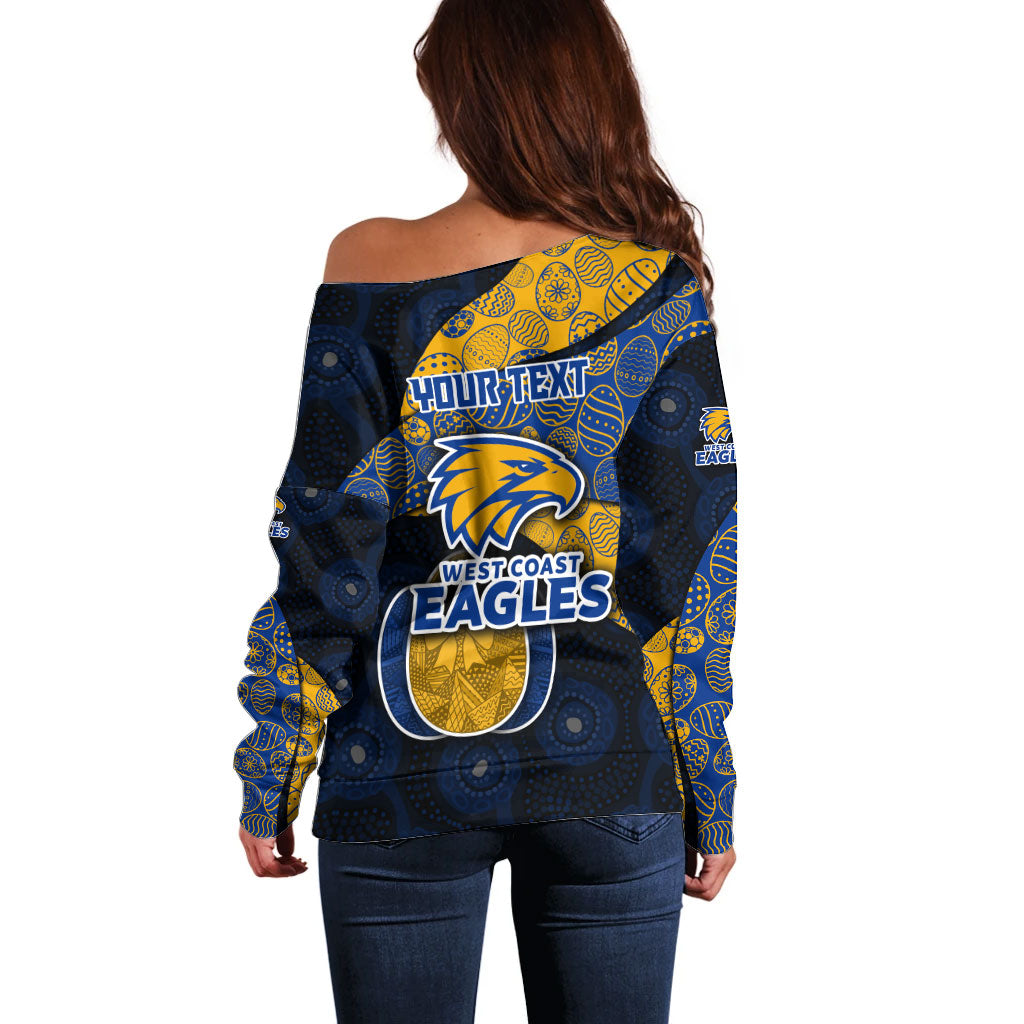 Personalized West Coast Eagles Football Off Shoulder Sweater Easter Egg Pattern Blue Gold Tribal Dot Art Style