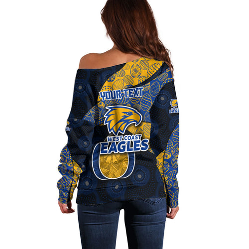 Personalized West Coast Eagles Football Off Shoulder Sweater Easter Egg Pattern Blue Gold Tribal Dot Art Style