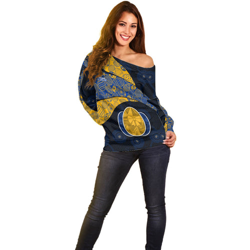 Personalized West Coast Eagles Football Off Shoulder Sweater Easter Egg Pattern Blue Gold Tribal Dot Art Style