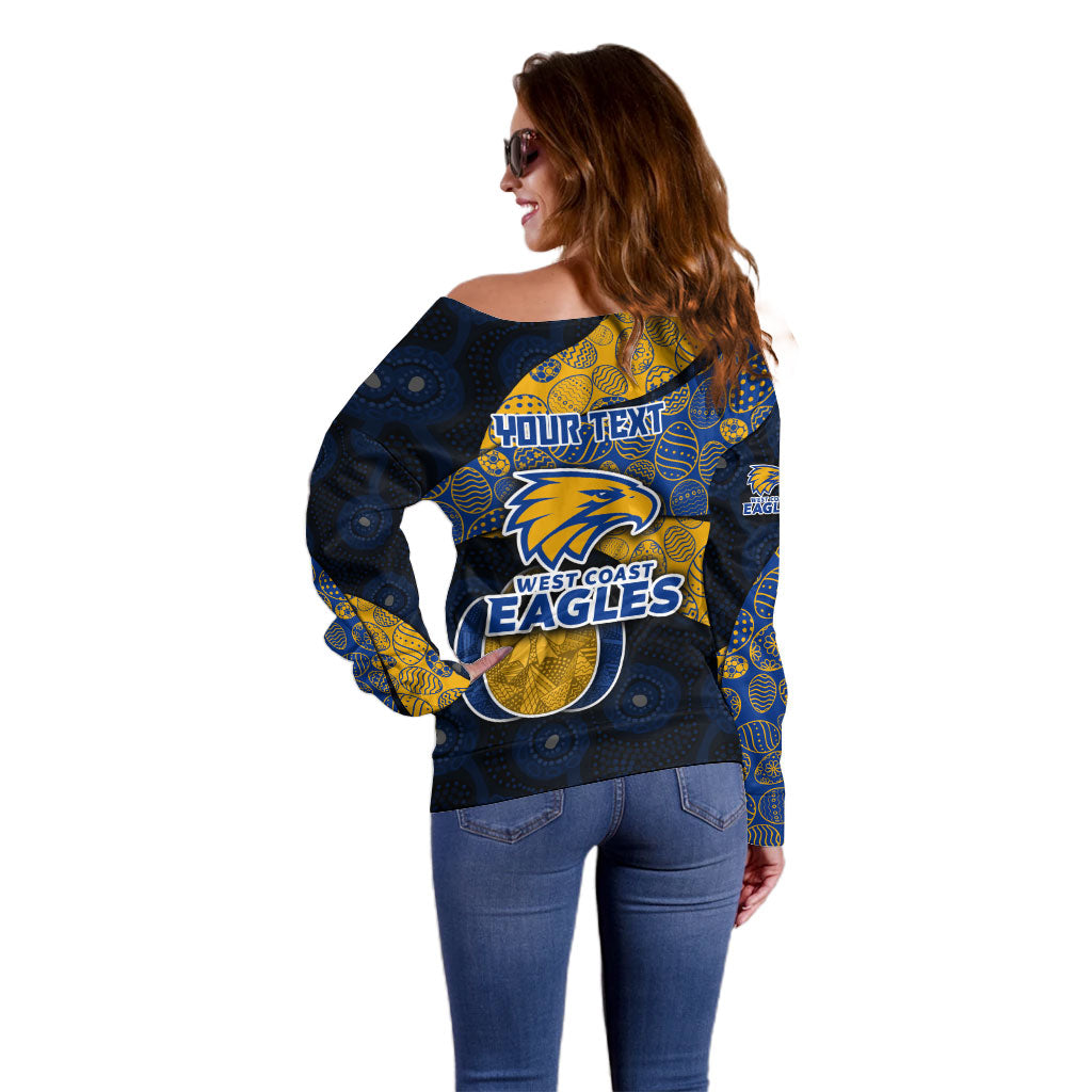 Personalized West Coast Eagles Football Off Shoulder Sweater Easter Egg Pattern Blue Gold Tribal Dot Art Style