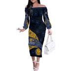 Personalized West Coast Eagles Football Off The Shoulder Long Sleeve Dress Easter Egg Pattern Blue Gold Tribal Dot Art Style