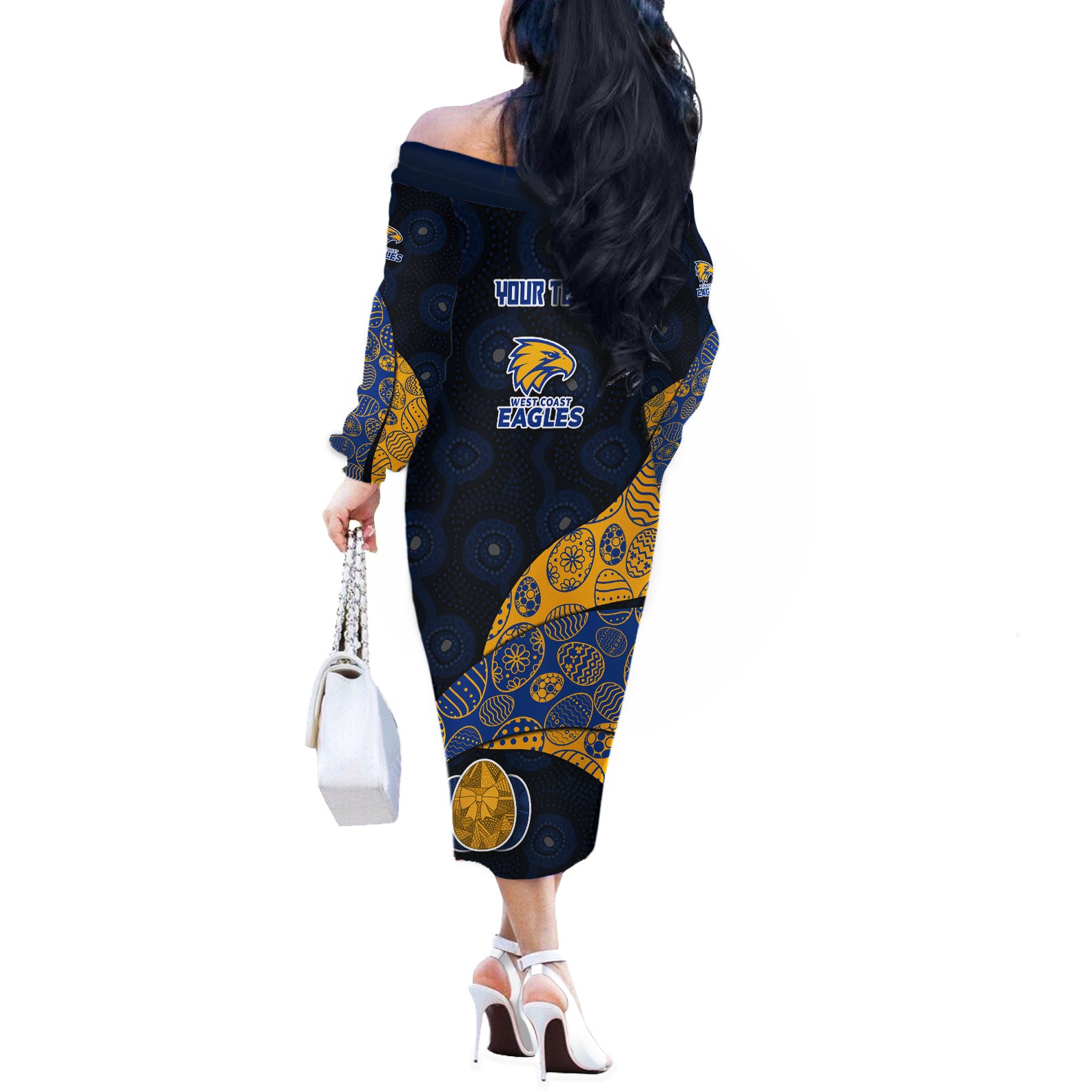 Personalized West Coast Eagles Football Off The Shoulder Long Sleeve Dress Easter Egg Pattern Blue Gold Tribal Dot Art Style