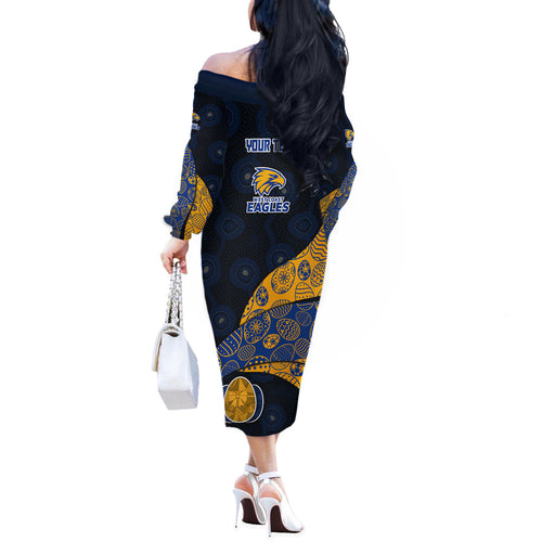 Personalized West Coast Eagles Football Off The Shoulder Long Sleeve Dress Easter Egg Pattern Blue Gold Tribal Dot Art Style