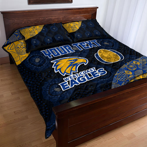 Personalized West Coast Eagles Football Quilt Bed Set Easter Egg Pattern Blue Gold Tribal Dot Art Style