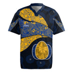 Personalized West Coast Eagles Football Rugby Jersey Easter Egg Pattern Blue Gold Tribal Dot Art Style