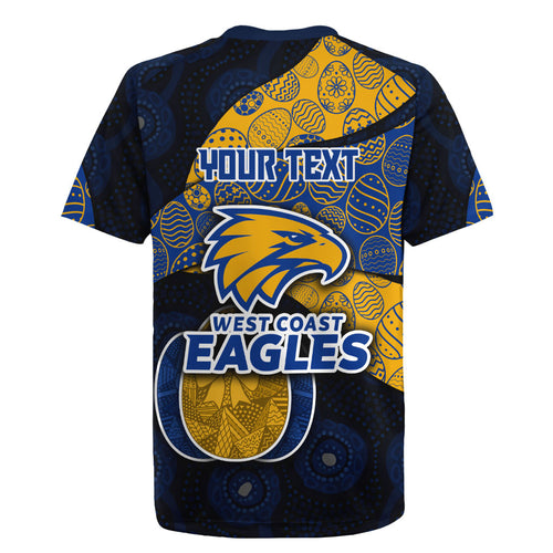 Personalized West Coast Eagles Football Rugby Jersey Easter Egg Pattern Blue Gold Tribal Dot Art Style