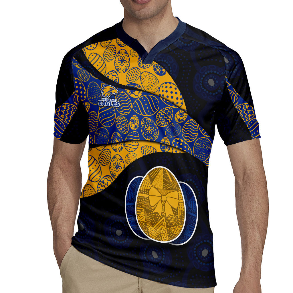 Personalized West Coast Eagles Football Rugby Jersey Easter Egg Pattern Blue Gold Tribal Dot Art Style
