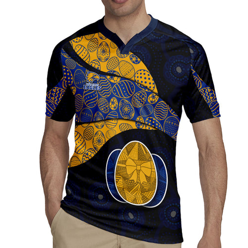 Personalized West Coast Eagles Football Rugby Jersey Easter Egg Pattern Blue Gold Tribal Dot Art Style