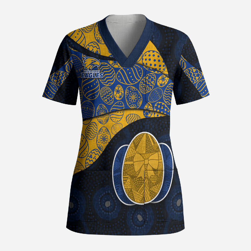 Personalized West Coast Eagles Football Scrub Top Easter Egg Pattern Blue Gold Tribal Dot Art Style