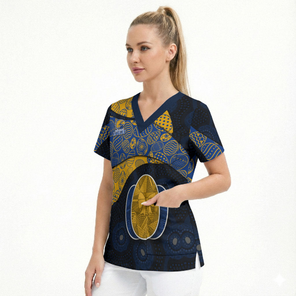 Personalized West Coast Eagles Football Scrub Top Easter Egg Pattern Blue Gold Tribal Dot Art Style